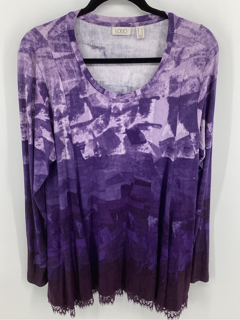 LOGO by Lori Goldstein Purple Ombre Lace-Hem Long Sleeve Top